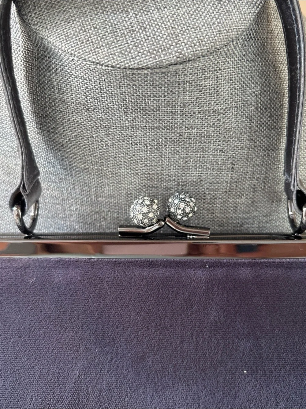 Vintage Valerie Stevens plum grey velvet top handle bag rhinestone kiss lock Y2K